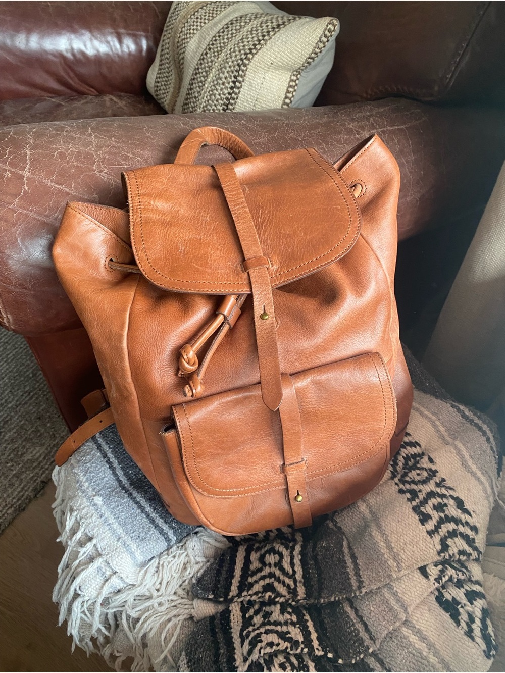 Classic Tan Leather Backpack - Men